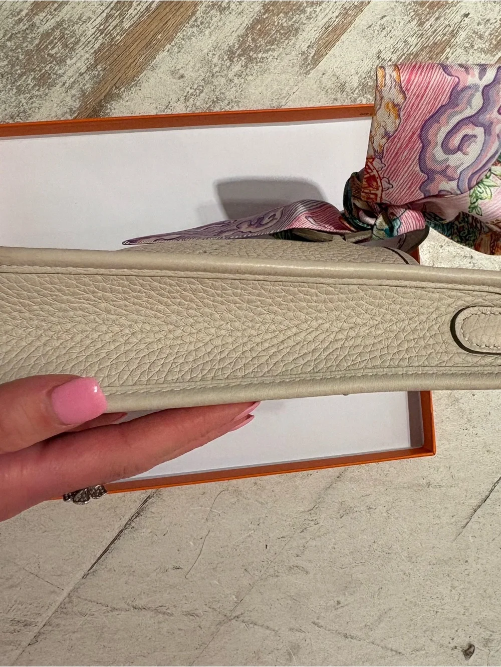 Hermes Cream Pebbled Leather Crossbody with Pink Scarf Accent